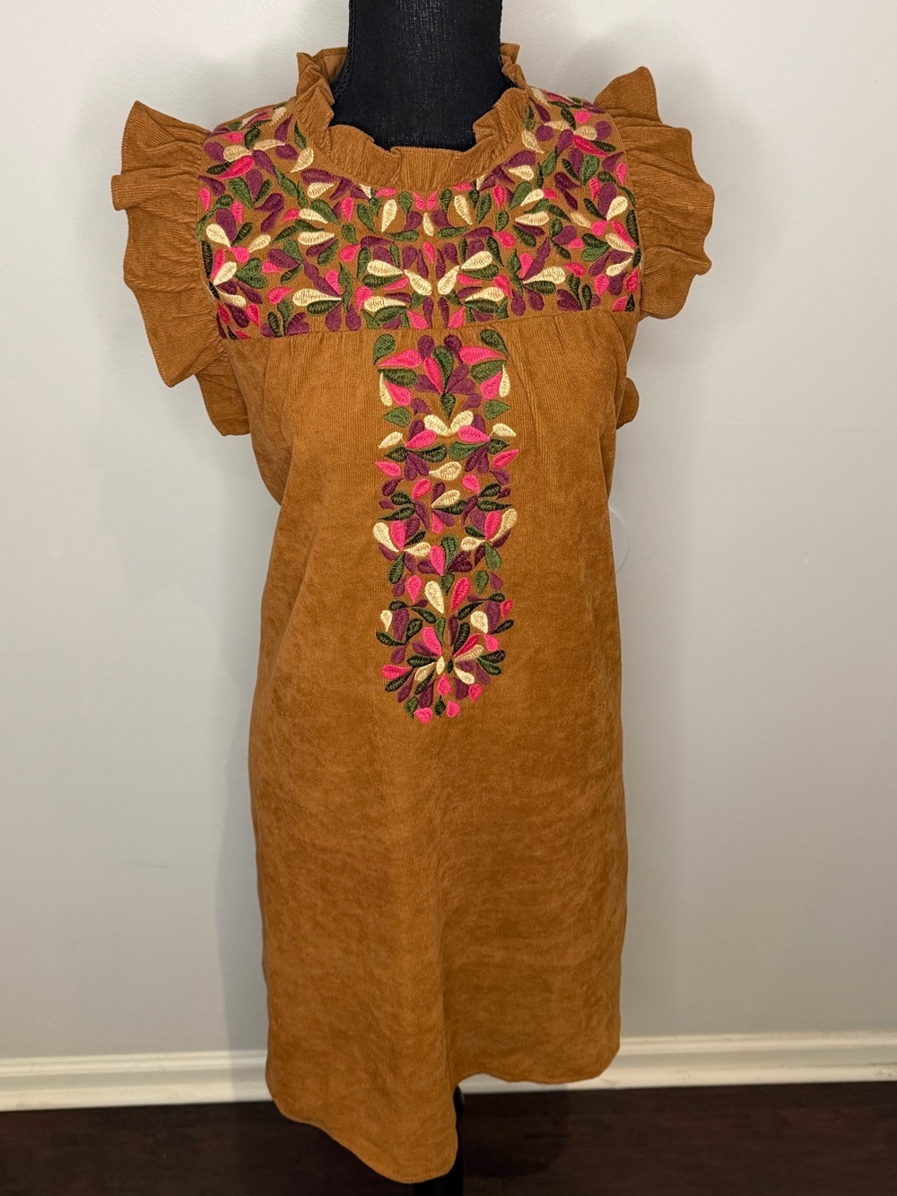 THML Embroidered Ruffle Sleeve Dress in Camel - Size XL